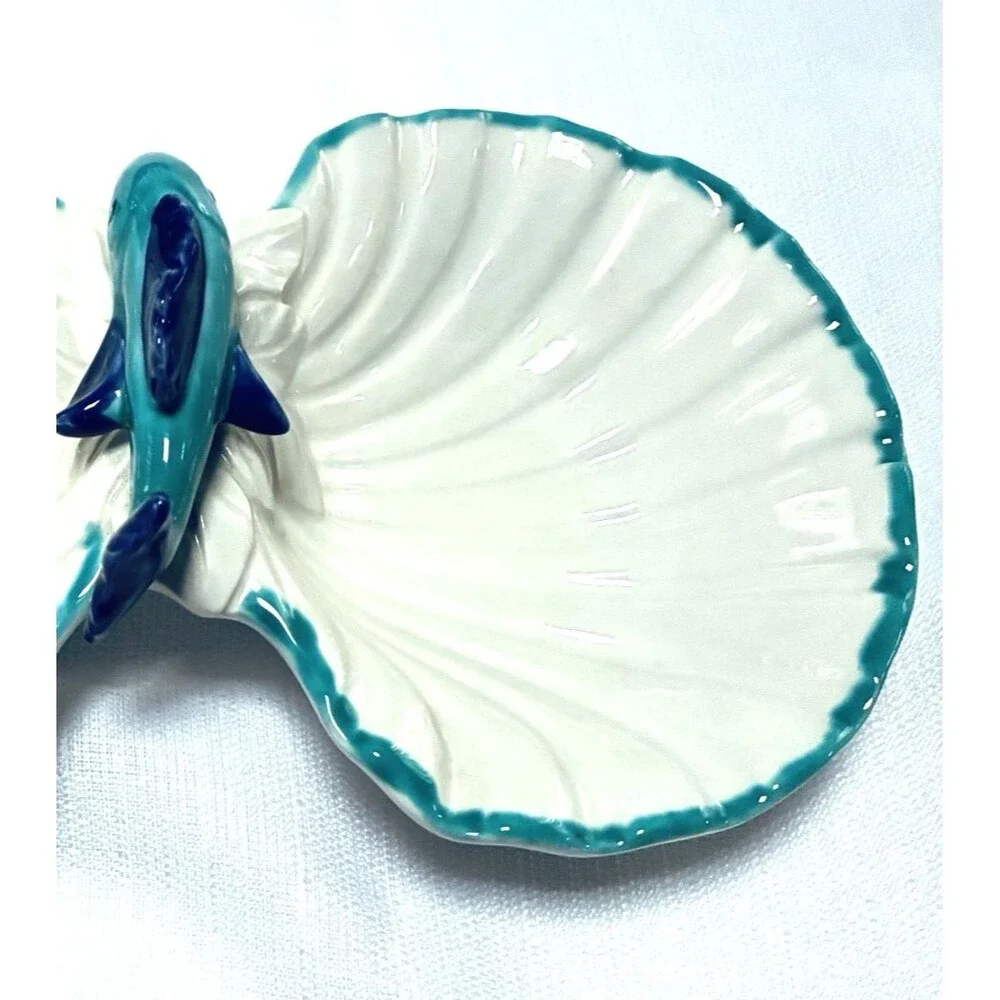 Vietri Scalloped Seashell Fish Double Bowl White Turquoise Made In Italy 9370/26